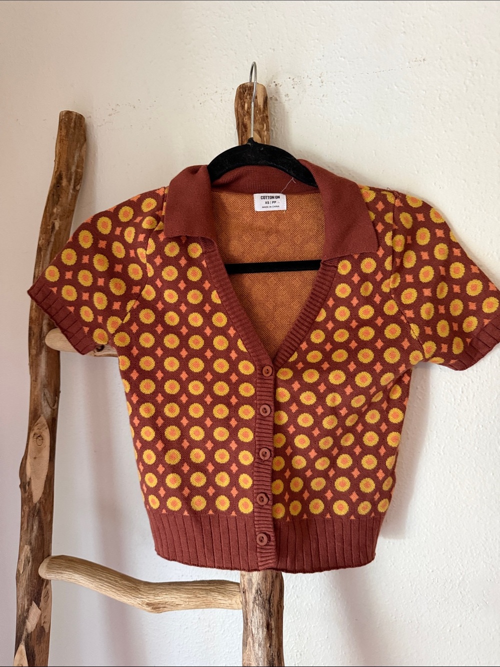 Cotton On Retro Rust & Yellow Print Short Sleeve Button Cropped Knit Cardigan XS